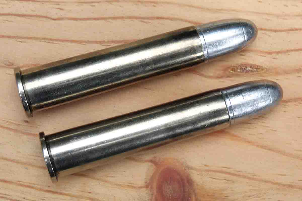 The .44-70, a black-powder “wildcat” catridge, is simply the .45-70 necked to take .446-inch .44-caliber bullets. Starline’s nickel-plated cases are used for Mike’s black-powder loads, making them quickly identifiable.